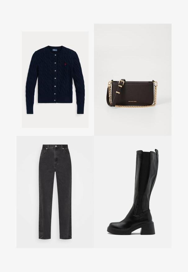 Námořnický modrý kardigán s pleteným vzorem, kulatým výstřihem, zapínáním na šest knoflíků a ribbovaným lemem a manžetami. Malá červená nášivka na levé hrudi.; Bílé košile s knoflíky, dlouhými rukávy, strukturovaným límcem a zaobleným lemem. Vyrobeno z hladké, jednolité tkaniny bez viditelných vzorů nebo akcentů.; Černé džíny se rovnými nohavicemi a vysokým pasem, se zapínáním na knoflík a zip, a pěti kapsami na bílém pozadí.; Černé boty až ke kolenům s hladkým koženým povrchem, elastickými bočními panely a robustním, vrstveným podpatkem. Minimalistický design bez vzorů.; MICHAEL Michael Kors BRYANT SM XBODY POUCHETTE - Taška s příčným popruhem - chocolate