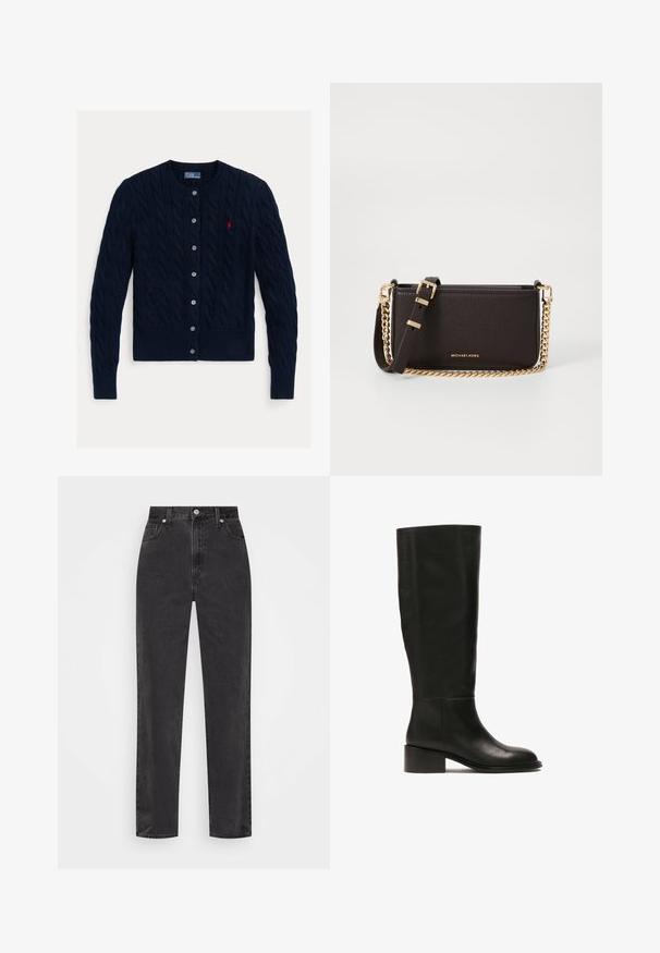 Granatowy kardigan w splot kablowy z okrągłym dekoltem, zapinany na sześć guzików, z prążkowanym dołem i mankietami. Mały czerwony akcent logo po lewej stronie klatki piersiowej.; Biała koszula zapinana na guziki z długimi rękawami, z wyraźnym kołnierzykiem i zaokrąglonym dołem. Wykonana z gładkiego, jednolitego materiału bez widocznych wzorów ani akcentów.; Czarne dżinsy o prostych nogawkach z wysokim stanem, z przodem zapinanym na guzik i zamek, oraz pięcioma kieszeniami na białym tle.; Wysoki czarny skórzany bot z zaokrąglonym noskiem i niskim kwadratowym obcasem. Posiada gładką teksturę i proste wzornictwo.; MICHAEL Michael Kors BRYANT  brązowy