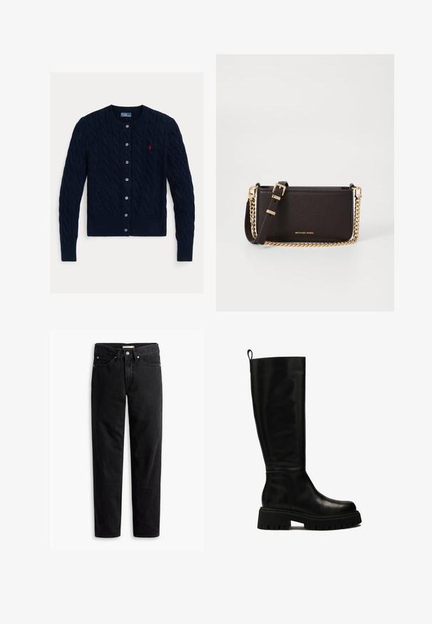 Mornarsko modra pletena kardigan s okroglim izrezom, zapiranje na šest gumbov ter kremplji in manšete z rebrastim robom. Majhna rdeča logotipna nalepka na levi prsni strani.; Bela srajca z dolgimi rokavi, strukturiranim ovratnikom in zaobljenim robom. Narejena iz gladkega, enotnega blaga brez vidnih vzorcev ali poudarkov.; Črne ravne hlače z gumbom in zadrgo, z naprstnimi in zadnjimi žepi, prikazane na beli podlagi.; Črne usnjene škornje do kolen s sleek obliko, okroglo špico in debelim gumijastim podplatom z globokimi utori ter zanko na vrhu.; MICHAEL Michael Kors BRYANT SM XBODY POUCHETTE - Torba čez telo - chocolate