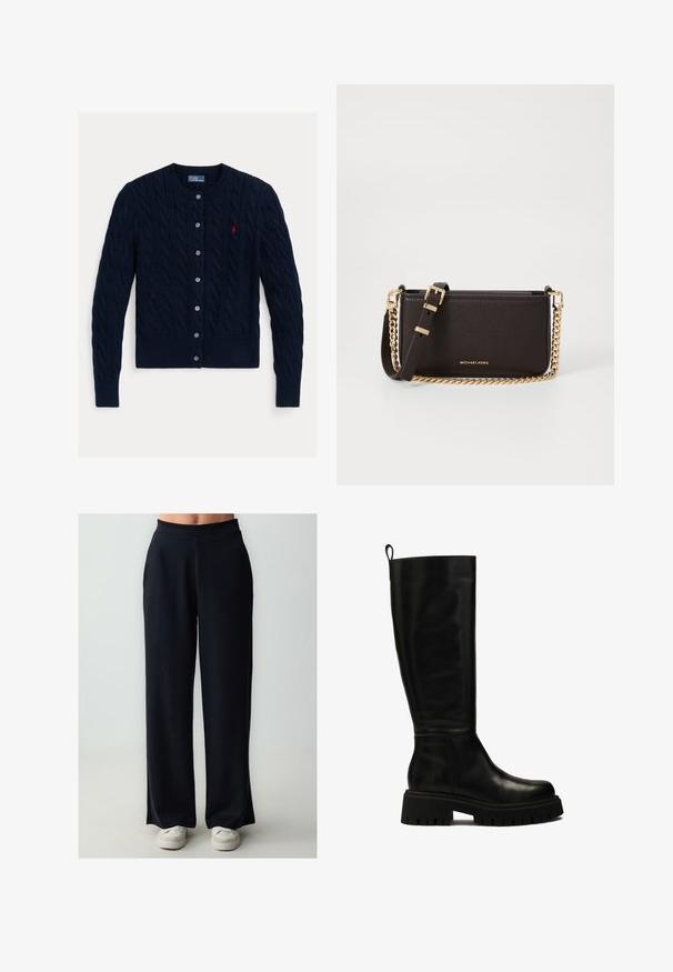 Dunkelblauer Zopfmuster-Cardigan mit Rundhalsausschnitt, sechs Knopfverschluss sowie geripptem Saum und Bündchen. Kleines rotes Logo-Detail auf der linken Brust.; Weißes Hemd mit langen Ärmeln, strukturiertem Kragen und abgerundetem Saum. Hergestellt aus einem glatten, einfarbigen Stoff ohne sichtbare Muster oder Akzente.; Schwarze weit geschnittene Hosen mit glatter Textur und elastischem Bund, die eine gerade Passform und ein bodenlanges Design aufweisen.; Schwarze kniehohe Lederstiefel mit sleekem Design, runder Zehenform und robuster Gummisohle mit tiefen Rillen sowie einer Anhieblasche an der Oberseite.; MICHAEL Michael Kors BRYANT SM XBODY POUCHETTE - Umhängetasche - chocolate