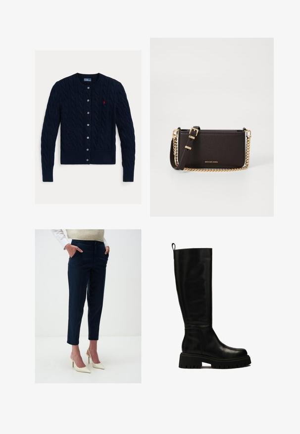 Marineblauwe kabelgebreide cardigan met een ronde hals, sluiting met zes knopen en geribde onderkant en mouwen. Kleine rode logo-accent aan de linkerkant van de borst.; Witte overhemd met lange mouwen, gestructureerde kraag en afgeronde zoom. Gemaakt van een gladde, effen stof zonder zichtbare patronen of accenten.; Navy taillebroek gemaakt van katoen, met een slim fit, zijzakken en omgeslagen zoom, gecombineerd met crèmekleurige hoge hakken.; Zwarte leren laarzen tot de knie met een strak ontwerp, ronde neus en stevige rubberen zool met diepe groeven en een trekband aan de bovenkant.; MICHAEL Michael Kors BRYANT SM XBODY POUCHETTE - Schoudertas - chocolate