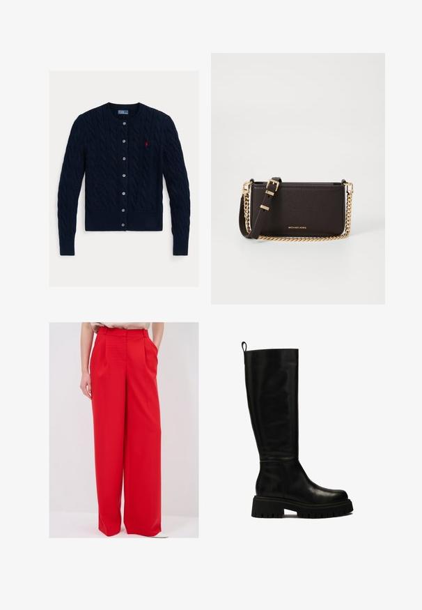 Dunkelblauer Zopfmuster-Cardigan mit Rundhalsausschnitt, sechs Knopfverschluss sowie geripptem Saum und Bündchen. Kleines rotes Logo-Detail auf der linken Brust.; Weißes Hemd mit langen Ärmeln, strukturiertem Kragen und abgerundetem Saum. Hergestellt aus einem glatten, einfarbigen Stoff ohne sichtbare Muster oder Akzente.; Rote weit geschnittene Hose mit hohem Bund, scharfen Falten und Seitentaschen, aus glattem Stoff gefertigt. Der Saum sitzt über den Schuhen.; Schwarze kniehohe Lederstiefel mit sleekem Design, runder Zehenform und robuster Gummisohle mit tiefen Rillen sowie einer Anhieblasche an der Oberseite.; MICHAEL Michael Kors BRYANT SM XBODY POUCHETTE - Umhängetasche - chocolate