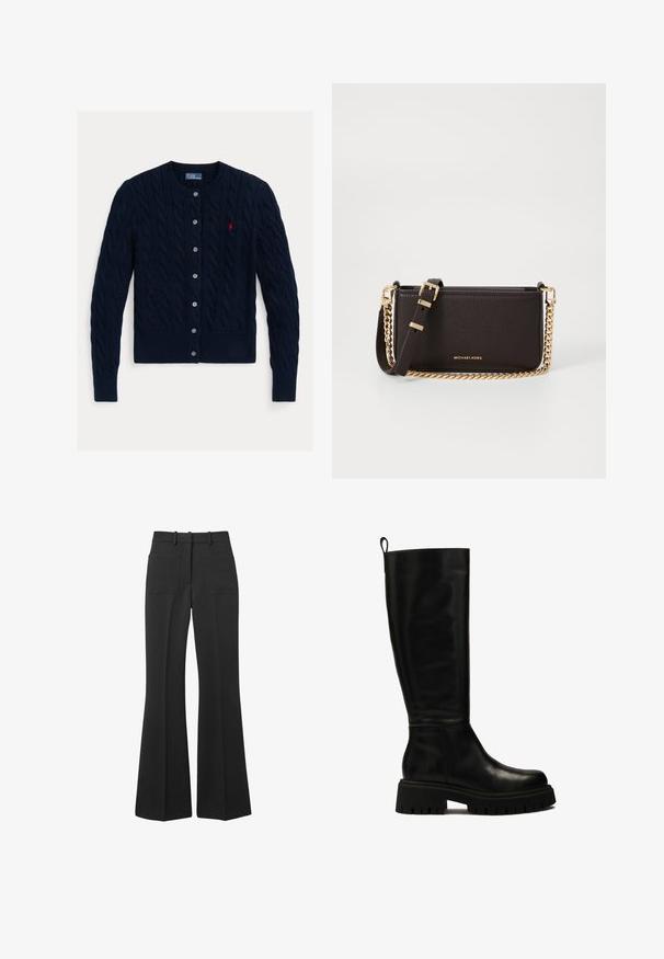 Mornarsko modra pletena kardigan s okroglim izrezom, zapiranje na šest gumbov ter kremplji in manšete z rebrastim robom. Majhna rdeča logotipna nalepka na levi prsni strani.; Bela srajca z dolgimi rokavi, strukturiranim ovratnikom in zaobljenim robom. Narejena iz gladkega, enotnega blaga brez vidnih vzorcev ali poudarkov.; Črne razširjene hlače iz gladkega blaga. Imajo dva zadnja žepa in zanke za pas, z široko krojem, ki se zožuje pri pasu.; Črne usnjene škornje do kolen s sleek obliko, okroglo špico in debelim gumijastim podplatom z globokimi utori ter zanko na vrhu.; MICHAEL Michael Kors BRYANT SM XBODY POUCHETTE - Torba čez telo - chocolate