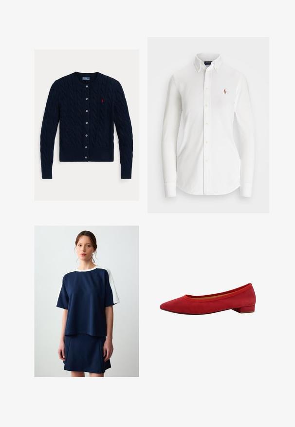 Dunkelblauer Zopfmuster-Cardigan mit Rundhalsausschnitt, sechs Knopfverschluss sowie geripptem Saum und Bündchen. Kleines rotes Logo-Detail auf der linken Brust.; Weißes Langarm-Hemd mit Knöpfen und spitzem Kragen aus Baumwolle. Verfügt über ein kleines gesticktes Logo auf der linken Brust.; Navyblaues lässiges Oberteil mit weißen Schulterakzenten, kurzen Ärmeln und lockerer Passform, kombiniert mit einem passenden engen Rock. Sanfte Textur.; Rote Wildleder Ballerinas mit spitzem Zeh, niedrigem Blockabsatz und elastischem Besatz am Schaft für eine enge Passform.