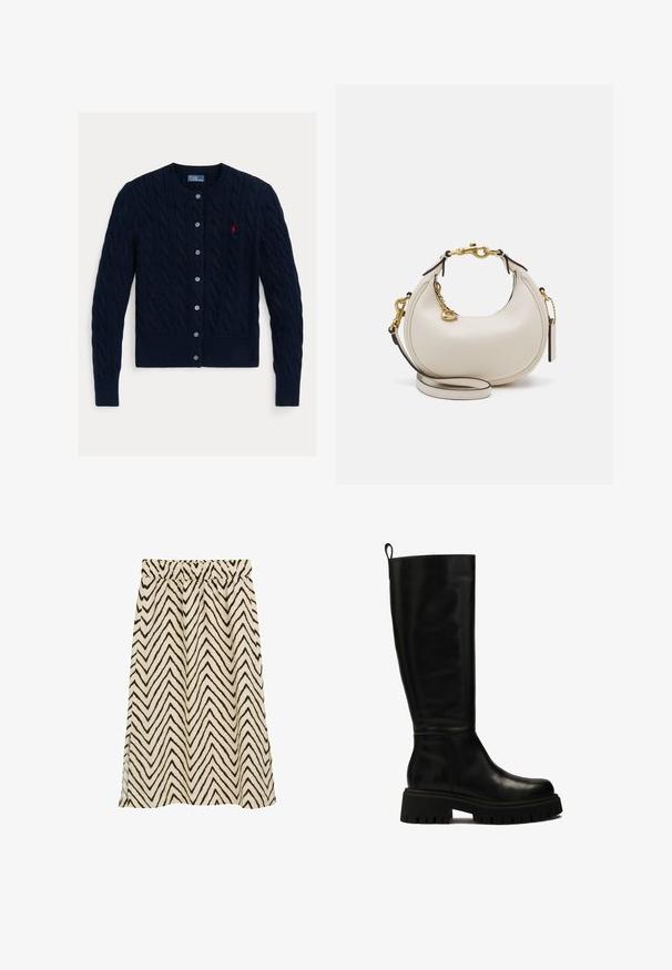 Cardigan en maille torsadée bleu marine avec un col rond, six boutons de fermeture et un ourlet et des poignets côtelés. Petit logo rouge sur la poitrine gauche.; Chemise blanche à manches longues avec col pointu, en coton. Présente un petit logo brodé sur la poitrine gauche.; Jupe à taille élastique en beige avec des rayures en zigzag marron foncé ; tissu léger avec une texture légèrement rugueuse ; fentes latérales pour plus de liberté de mouvement.; Bottes en cuir noires montantes jusqu'au genou, avec un design épuré, un bout arrondi et une semelle en caoutchouc épaisse dotée de rainures profondes et d'une languette en haut.; Sac à main en cuir crème avec une forme de croissant, quincaillerie dorée, accents noirs et une bandoulière amovible. Présente un détail en chaîne et une étiquette.