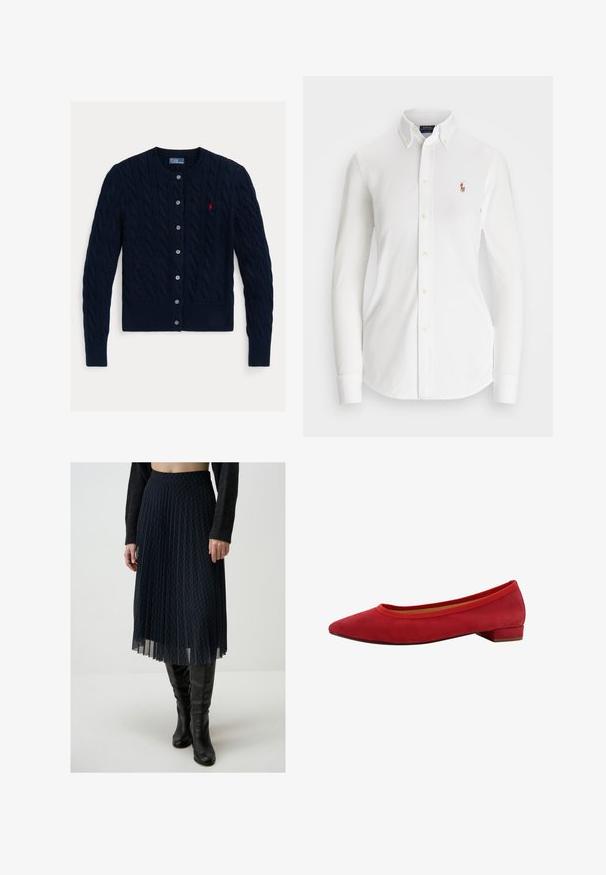 Cardigan en maille torsadée bleu marine avec un col rond, six boutons de fermeture et un ourlet et des poignets côtelés. Petit logo rouge sur la poitrine gauche.; Chemise blanche à manches longues avec col pointu, en coton. Présente un petit logo brodé sur la poitrine gauche.; Jupe plissée marine en tissu léger avec un motif en losange. Dotée d'une taille élastique et d'un design fluide en couches.; Ballerines en suede rouge avec un bout pointu, un petit talon carré, et un bord élastiqué autour de l'ouverture pour un ajustement confortable.