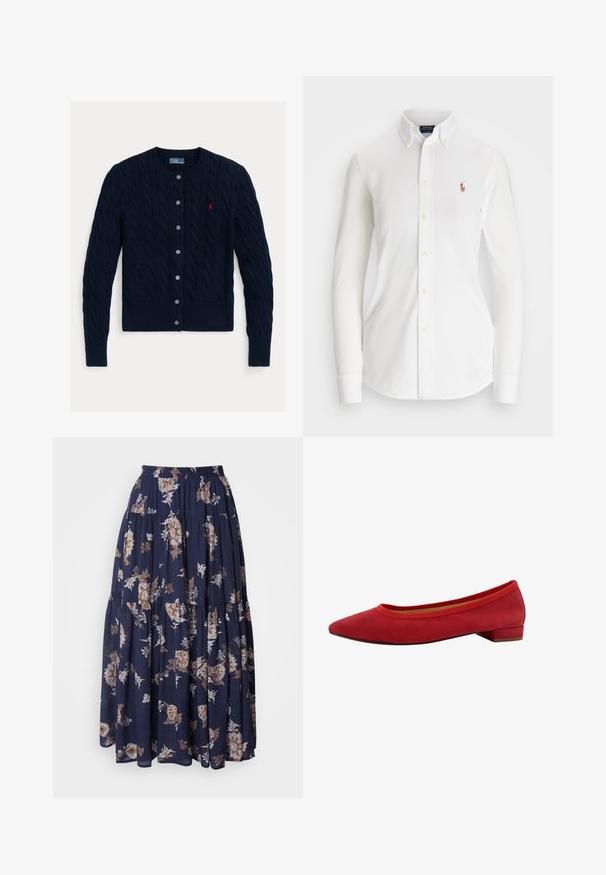 Cárdigan de punto cable azul marino con cuello redondo, cierre de seis botones y dobladillo y puños acanalados. Pequeño acento de logo rojo en el lado izquierdo del pecho.; Camisa blanca de manga larga con botones y collar punta, hecha de algodón. Presenta un pequeño logo bordado en el lado izquierdo del pecho.; Falda maxi floral de color azul marino, hecha de tela ligera. Tiene una cinturilla elástica, capas superpuestas y patrones florales intrincados en beige y blanco.; Bailarinas de ante rojo con punta afilada, tacón bajo y bloque, y borde elástico alrededor de la abertura para un ajuste ceñido.