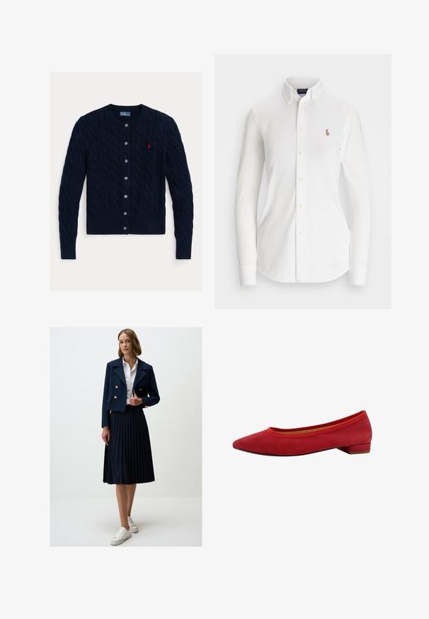 Cardigan in maglia a treccia blu navy con scollatura rotonda, chiusura a sei bottoni e orlo e polsini a costine. Piccolo logo rosso come accento sul petto sinistro.; Camicia bianca a maniche lunghe con colletto a punta, realizzata in cotone. Presenta un piccolo logo ricamato sul petto sinistro.; Giacca doppiopetto blu navy, taglio cropped, con bottoni dorati, abbinata a una gonna plissettata blu navy e sneaker bianche. Tessuto a superficie liscia.; Ballerine in suede rosso con punta affusolata, tacco basso a blocco e bordo elastico intorno all'apertura per una vestibilità aderente.