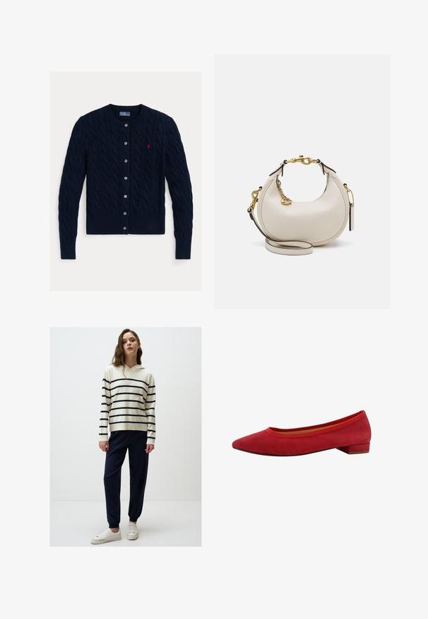 Marineblauwe kabelgebreide cardigan met een ronde hals, sluiting met zes knopen en geribde onderkant en mouwen. Kleine rode logo-accent aan de linkerkant van de borst.; Witte overhemd met lange mouwen en een puntkraag, gemaakt van katoen. Voorzien van een klein geborduurd logo op de linkerborst.; Crème hoodie met marineblauwe strepen, gecombineerd met marineblauwe tapered broek en witte sneakers. Glad textuur, relaxte pasvorm en elastische manchetten.; Rode suède ballerina's met een puntige neus, lage blokhak en elastisch randje rond de opening voor een perfecte pasvorm.; Crème leren handtas met een halve maan vorm, gouden hardware, zwarte accenten en een afneembare schouderband. Heeft een kettingdetail en label.