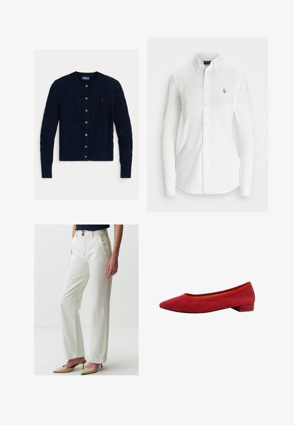 Cardigan in maglia a treccia blu navy con scollatura rotonda, chiusura a sei bottoni e orlo e polsini a costine. Piccolo logo rosso come accento sul petto sinistro.; Camicia bianca a maniche lunghe con colletto a punta, realizzata in cotone. Presenta un piccolo logo ricamato sul petto sinistro.; Pantaloni bianchi a gamba larga in denim, con due bottoni, tasche frontali, cuciture a contrasto e una leggera texture.; Ballerine in suede rosso con punta affusolata, tacco basso a blocco e bordo elastico intorno all'apertura per una vestibilità aderente.