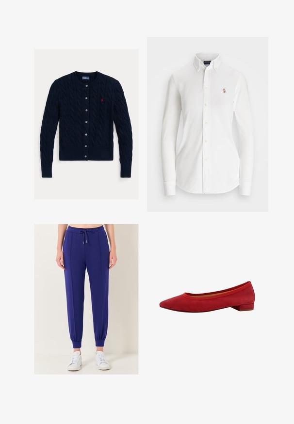 Dunkelblauer Zopfmuster-Cardigan mit Rundhalsausschnitt, sechs Knopfverschluss sowie geripptem Saum und Bündchen. Kleines rotes Logo-Detail auf der linken Brust.; Weißes Langarm-Hemd mit Knöpfen und spitzem Kragen aus Baumwolle. Verfügt über ein kleines gesticktes Logo auf der linken Brust.; Jimmy Key HIGH WAIST JOGGER - Jogginghose - purple; Rote Wildleder Ballerinas mit spitzem Zeh, niedrigem Blockabsatz und elastischem Besatz am Schaft für eine enge Passform.
