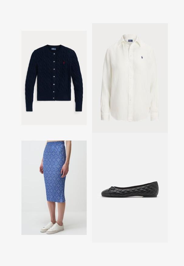 Dunkelblauer Zopfmuster-Cardigan mit Rundhalsausschnitt, sechs Knopfverschluss sowie geripptem Saum und Bündchen. Kleines rotes Logo-Detail auf der linken Brust.; Weißes Leinenhemd mit langen Ärmeln, Button-Down-Kragen und Knöpfen auf der Vorderseite. Verfügt über ein kleines blaues gesticktes Logo auf der Brust.; Blaue gemusterte Midirock mit schmaler Silhouette, elastischem Bund und gerippter Textur, kombiniert mit weißen Sneakers.; Schwarze Ballerinas aus gepolstertem Leder. Mit einer runden Zehenpartie und einer kleinen Schleifenakzentierung an der Vorderseite. Niedriger Profilsohle für ein einfaches Tragegefühl.