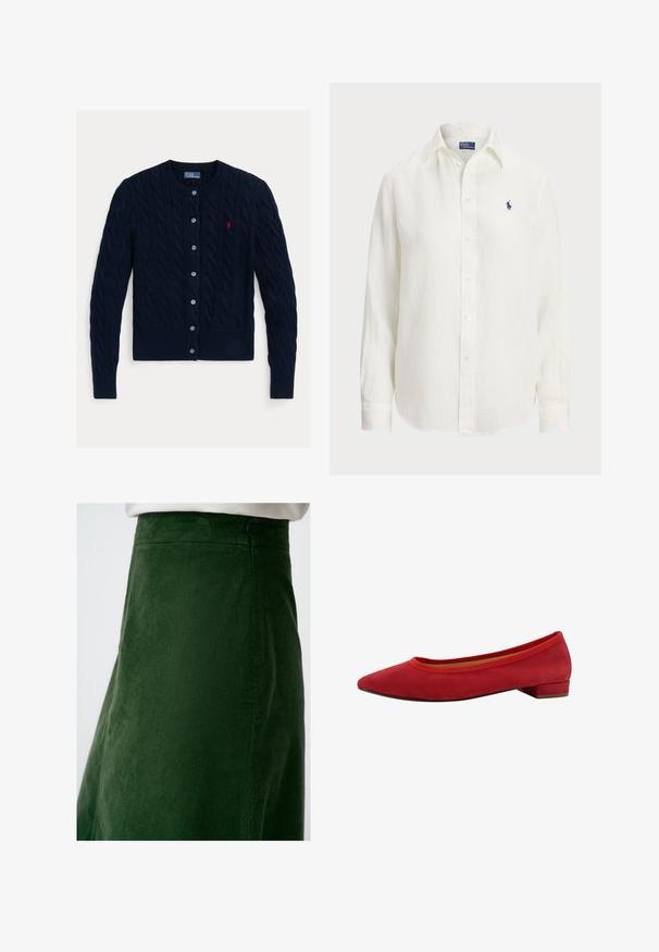 Dunkelblauer Zopfmuster-Cardigan mit Rundhalsausschnitt, sechs Knopfverschluss sowie geripptem Saum und Bündchen. Kleines rotes Logo-Detail auf der linken Brust.; Weißes Leinenhemd mit langen Ärmeln, Button-Down-Kragen und Knöpfen auf der Vorderseite. Verfügt über ein kleines blaues gesticktes Logo auf der Brust.; Grüne Cordrock mit vertikalen Rippungen, der eine glatte Textur und eine taillierte Passform aufweist, mit Nähdetails entlang der Nähte.; Rote Wildleder Ballerinas mit spitzem Zeh, niedrigem Blockabsatz und elastischem Besatz am Schaft für eine enge Passform.
