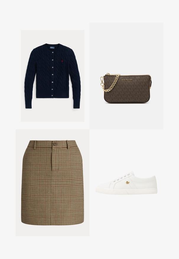 Tengerészkék, fonott kardigán kerek nyakkivágással, hat gombos záródással, bordázott aljjal és mandzsettával. Kis piros logó a bal mellen.; Fehér vászon ing hosszú ujjakkal, gombos gallérral és elöl gombokkal. A mellkason egy kicsi, kék hímzett logó található.; Barna és bézs kockás szoknya gombos záródással, redők és elegáns szabás jellemzi. Az anyag texturált felületű.; Lauren Ralph Lauren JANSON II CANVAS SNEAKER - Sportcipő - optic white; Barna bőr keresztpántos táska logómintával, arany láncos pánttal, cipzáras záródással és arany fémkiegészítőkkel. Kompakt és téglalap alakú dizájn.