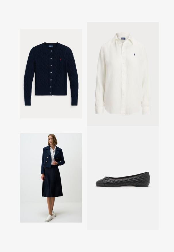 Marineblauwe kabelgebreide cardigan met een ronde hals, sluiting met zes knopen en geribde onderkant en mouwen. Kleine rode logo-accent aan de linkerkant van de borst.; Witte linnen blouse met lange mouwen, knoopsluiting en knopen aan de voorkant. Heeft een klein blauw geborduurd logo op de borst.; Marineblauwe cropped dubbelzijdige jas met gouden knopen, gecombineerd met een geplooide marineblauwe rok en witte sneakers. Gestructureerde stof.; Zwarte ballerina in geborduurd leer. Heeft een ronde neus en een klein strikdetail aan de voorkant. Lage zool voor gemakkelijk dragen.