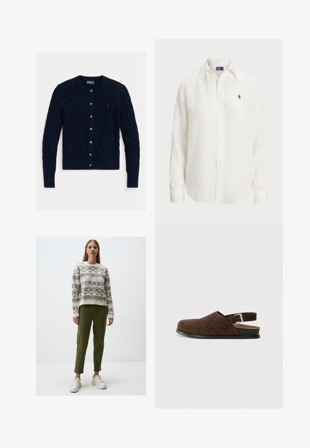 Cardigan en maille torsadée bleu marine avec un col rond, six boutons de fermeture et un ourlet et des poignets côtelés. Petit logo rouge sur la poitrine gauche.; Chemise en lin blanche à manches longues, col boutonné et boutons sur le devant. Présente un petit logo brodé bleu sur la poitrine.; Pull en tricot avec des motifs géométriques en beige et bleu clair, associé à un pantalon fuselé vert olive et des baskets blanches.; Chaussure en suédine marron à enfiler avec un petit talon, une sangle ajustable avec une boucle en argent et une semelle en caoutchouc noire.