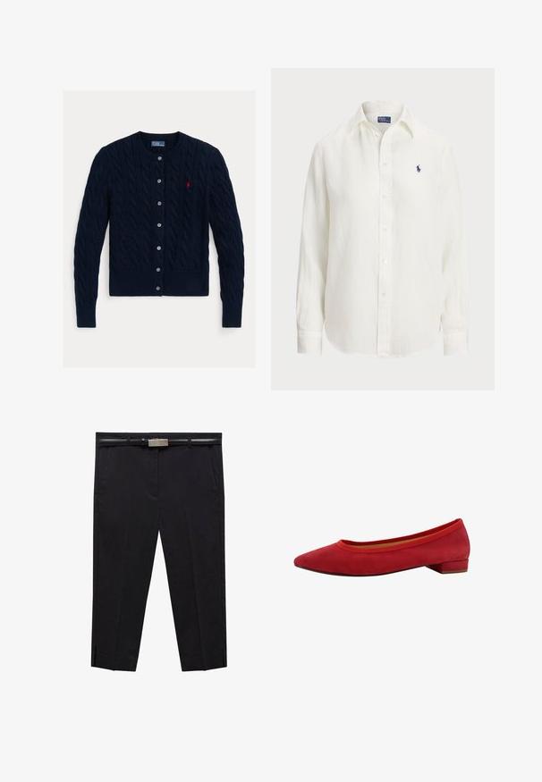 Cardigan in maglia a treccia blu navy con scollatura rotonda, chiusura a sei bottoni e orlo e polsini a costine. Piccolo logo rosso come accento sul petto sinistro.; Camicia di lino bianca a maniche lunghe, con colletto button-down e bottoni frontali. Presenta un piccolo logo ricamato blu sul petto.; Pantaloni neri con una vestibilità sartoriale, caratterizzati da una superficie liscia, frontale piatto, tasche laterali e una cintura elegante con fibbia metallica.; Ballerine in suede rosso con punta affusolata, tacco basso a blocco e bordo elastico intorno all'apertura per una vestibilità aderente.