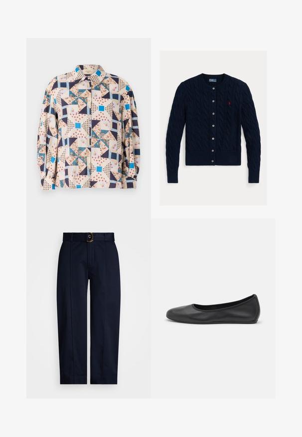 Cardigan in maglia a treccia blu navy con scollatura rotonda, chiusura a sei bottoni e orlo e polsini a costine. Piccolo logo rosso come accento sul petto sinistro.; Camicia a bottoni con design a patchwork, caratterizzata da motivi floreali e geometrici nelle tonalità beige, blu, navy e rosso; maniche lunghe.; Pantaloni blu navy con una cintura intrecciata e una fibbia dorata, caratterizzati da un taglio dritto e pieghe stropicciate lungo il davanti.; Pantofole da balletto nere in pelle con punta arrotondata, texture liscia, dettagli di cucitura minimi e design con suola flessibile.