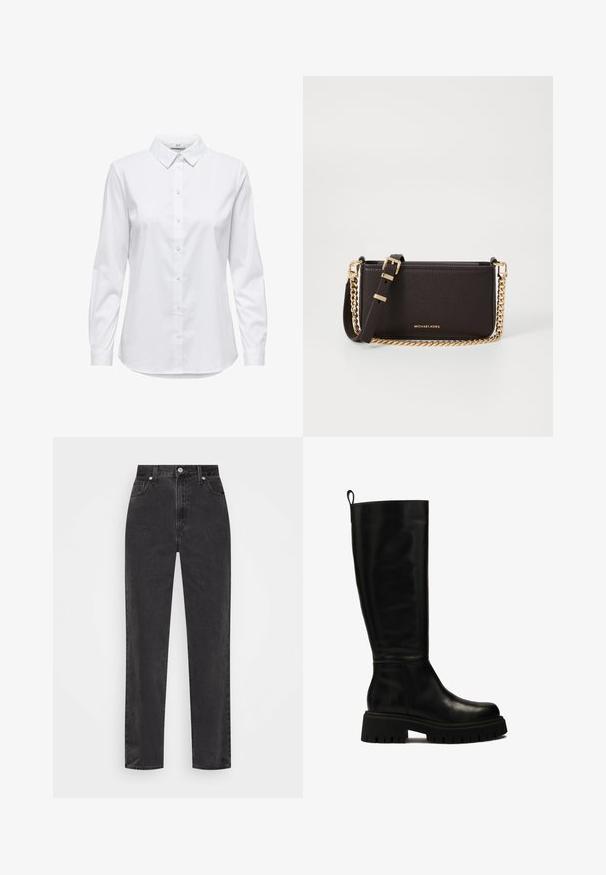 Dunkelblauer Zopfmuster-Cardigan mit Rundhalsausschnitt, sechs Knopfverschluss sowie geripptem Saum und Bündchen. Kleines rotes Logo-Detail auf der linken Brust.; Weißes Hemd mit langen Ärmeln, strukturiertem Kragen und abgerundetem Saum. Hergestellt aus einem glatten, einfarbigen Stoff ohne sichtbare Muster oder Akzente.; Schwarze Denim-Jeans mit geradem Bein, hoher Taille, vorderem Knopf und Reißverschluss sowie fünf Taschen auf weißem Hintergrund.; Schwarze kniehohe Lederstiefel mit sleekem Design, runder Zehenform und robuster Gummisohle mit tiefen Rillen sowie einer Anhieblasche an der Oberseite.; MICHAEL Michael Kors BRYANT SM XBODY POUCHETTE - Umhängetasche - chocolate