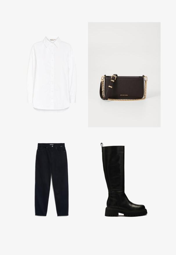 Navy blue cable-knit cardigan with a round neckline, six button closure, and ribbed hem and cuffs. Small red logo accent on the left chest.; White button-up shirt with a point collar, long sleeves, and a curved hem. Made from a smooth, lightweight fabric. Subtle sheen.; Black denim jeans with a straight leg, five-pocket design, and a button closure. Fabric has a smooth texture and minimal visible stitching.; Black knee-high leather boots with a sleek design, rounded toe, and chunky rubber sole featuring deep grooves and a pull tab at the top.; MICHAEL Michael Kors BRYANT SM XBODY POUCHETTE - Cross body bag - chocolate