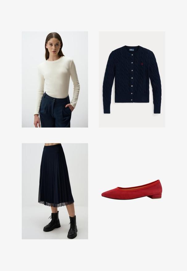 Dunkelblauer Zopfmuster-Cardigan mit Rundhalsausschnitt, sechs Knopfverschluss sowie geripptem Saum und Bündchen. Kleines rotes Logo-Detail auf der linken Brust.; Langärmliges, geripptes Creme-Oberteil kombiniert mit hochtaillierten marineblauen Hosen, die über einen Knopfdetail und Seitentaschen verfügen. Schlichtes Design und glatte Textur.; Marineblauer Faltenrock aus leichtem Stoff, mit mittellanger Länge bis zur Wadenmitte und einem enganliegenden Taillenbund, kombiniert mit schwarzen Kampfstiefeln.; Rote Wildleder Ballerinas mit spitzem Zeh, niedrigem Blockabsatz und elastischem Besatz am Schaft für eine enge Passform.