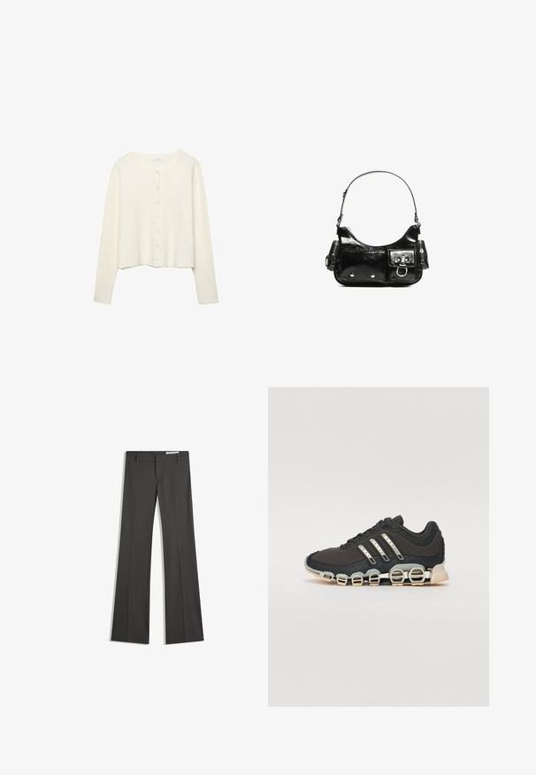 Bílý žebrovaný kardigan s dlouhými rukávy a kulatým výstřihem. Má zapínání na knoflíky s malými kulatými knoflíky. Zkrácený střih.; Černé a bílé trička s dlouhým rukávem, se zaoblenými výstřihy, měkkou tkaninou a přiléhavým designem se přímými lemy.; Šedé rozšířené kalhoty z hladkého materiálu, se splývavým předním dílem, poutky na opasek a přiléhavým střihem s čistými liniemi.; Černá atletická bota s texturovaným svrškem, třemi stříbrnými pruhy a výraznou odpruženou podrážkou se spoustou integrovaných sekcí.; Černá lakovaná kožená kabelka s křivkovým tvarem, jedním ramenním popruhem, předními kapsami a stříbrnými kovovými detaily.