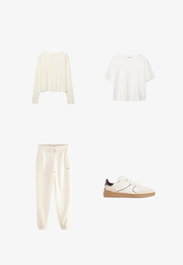 Bela, rebrasta cardigan s dugim rukavima i okruglim izrezom. Ima prednje zatvaranje na dugmiće s malim, okruglim dugmadi. Skraćeni dizajn.; Bijela majica kratkih rukava od pamuka. Ima okrugli izrez i opušteni kroj. Glatka tekstura bez vidljivih uzoraka ili naglasaka.; Krem boje trenerke izrađene od mekog materijala, sa elastikom u struku, vezicom, bočnim džepovima i rebrastim manžetama. Otisnut "self." logo.; Stradivarius Tenisice - white