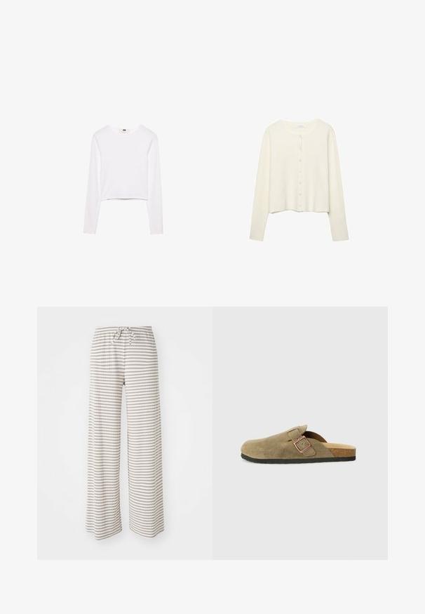 Hvid, ribbet cardigan med lange ærmer og rund halsudskæring. Har en knaplukning foran med små, runde knapper. Korthudet design.; Hvid langærmet crop top lavet af blødt stof. Har en rund halsudskæring og et enkelt, slankt design uden mønstre eller udsmykninger.; Bredde benbukser i let stof, med vandrette striber i beige og hvid. Elastisk talje med snorelukning.; Ruskindssko i træsko-stil i olivengrøn med en smal rem og metalspænde. Har en korksål og sort gummisål.