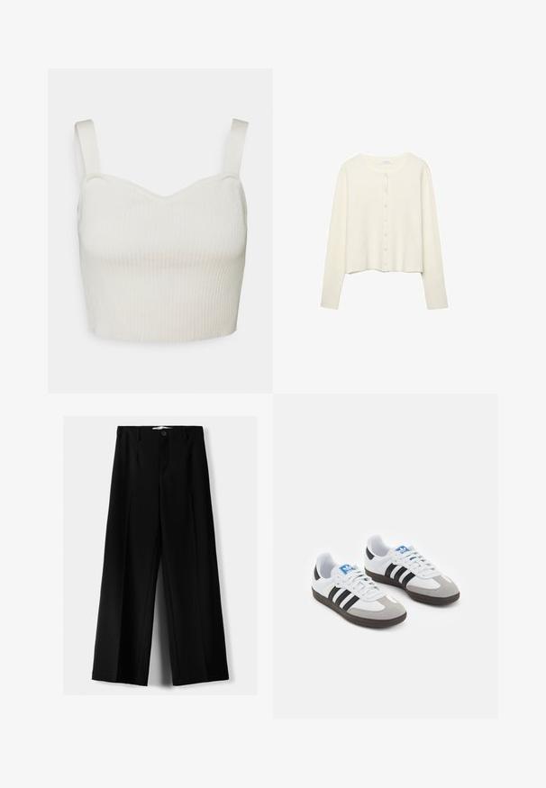 White, ribbed cardigan with long sleeves and round neckline. Features a button-down front with small, round buttons. Cropped design.; Ribbed, cropped top in off-white with a sweetheart neckline and adjustable straps. Fabric appears soft and stretchy for comfort.; Black wide-leg trousers made of lightweight fabric, featuring a front button closure and flat front, with neatly stitched hems.; Sport shoes with a white leather upper, gray suede toe, and three black stripes. Features a blue logo on the tongue and a textured rubber sole.