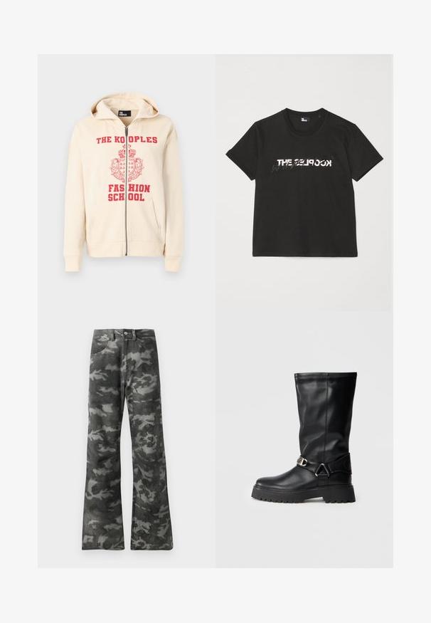 Beige zip-up hoodie with red printed text "THE KOOPLES FASHION SCHOOL" and a crown design. Features a hood and two front pockets.; Black cotton t-shirt with short sleeves, featuring a printed white and gray "THE 2LOOK" design across the front. Classic crew neck.; Dark gray and black camouflage patterned straight-leg jeans with button and zip closure and front pockets.; Black knee-high boots made of smooth leather, featuring a buckle accent on the side and a thick, textured sole for grip.