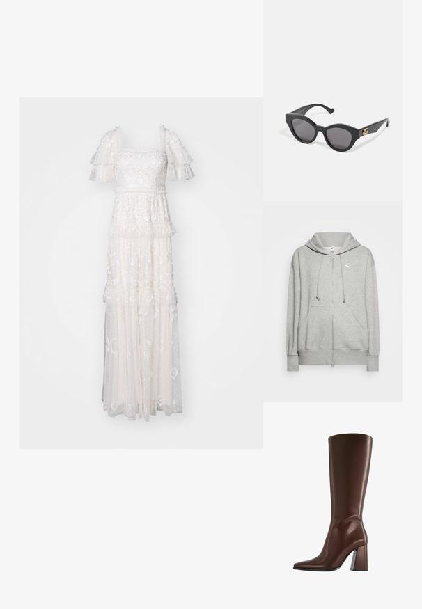 Lys grå zip-up hoodie lavet af blødt materiale, med en kængurulomme, justerbar snoretrækshætte og et lille Nike-logo.; Needle & Thread ARWEN GOWN - Gallakjole - cream; Brun knæhøj læderstøvle med spids tå og robust midthøj hæl vist i sideprofil på hvid baggrund.; Sorte solbriller med en kantet katteøje-form, der har mørkt tonede linser. Guld logo detaljeret på stangen. Glat plastikramme.; Guldkæde med dekorative metalblomster og accenter, båret over en sort tanktop, der fremhæver dets design og struktur.