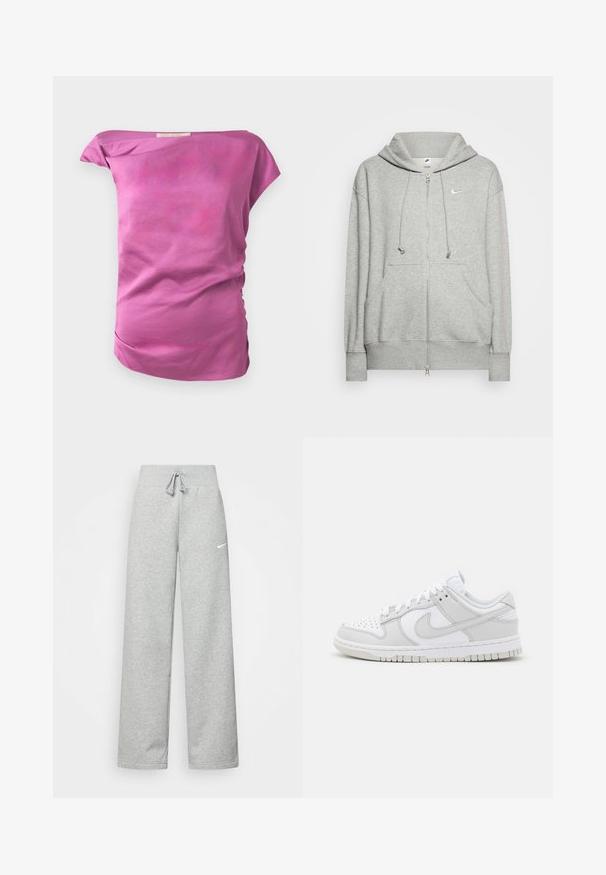 Gaišpelēks kapuces džemperis ar rāvējslēdzēju, izgatavots no mīksta materiāla, ar kenguru kabatu, regulējamu auklu kapuci un mazu Nike logotipu.; Pielāgota, bezplecu blūze no viendabīgas gaismas rozā auduma ar gludu tekstūru. Iekļauj subtīlu savilkumu vienā pusē un izliektu apakšmalu.; Pelēkas sporta bikses ar elastīgu jostasvietu, aukliņu detalizācijām un mazu baltu Nike logotipu kreisajā augšstilbā. Mīksta auduma, brīvi pieguļošas.; Balti ādas sporta apavi ar pelēkiem akcentiem, perforētu purngalu, plakaniem šņorēm, mīkstu apkakli un strukturētu gumijas zoli.