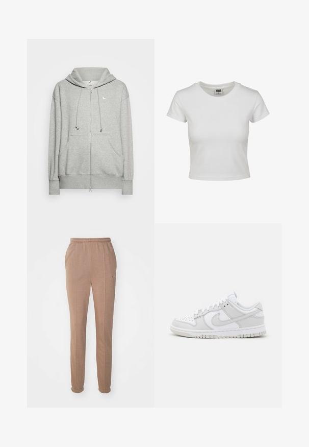 Šviesiai pilka zip-up džemperis, pagamintas iš švelnaus audinio, su kengūros kišene, reguliuojamu kapučinu ir mažuoju Nike logotipu.; Balta medvilnės marškinėliai su klasikiniais apykakle, trumpomis rankovėmis ir prigludusia forma. Nėra matomų raštų ar akcentų.; Rudos sportiniai kelnių su elastingu juosmeniu, šoniniais kišenėmis, siaurėjančiomis kojomis ir subtiliu Nike logotipu. Pagaminti iš minkštos, tekstūruotos medžiagos.; Baldosiai odiniai sportiniai batučiai su pilkų akcentų, perforuota nosimi, plokščiomis raišteliais, paminkštintu apykakle ir tekstūruotu guminiu padu.