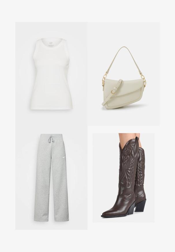 Világosszürke, cipzáras kapucnis pulóver, puha anyagból készült, kanguru zsebbel, állítható húzózsinórral a kapucnin és egy kicsi Nike logóval.; GAP HIGH NECK TANK - Felső - white; Szürke melegítőnadrág, elasztikus derékkal, zsinóros részletekkel és egy kis fehér Nike logóval a bal combon. Puha anyag, laza fazon.; Barna bőr cowboy csizmák hegyes orral és blokk sarkal, részletes varrással és kiemelkedő díszítésekkel a szárán.; Kis krémszínű táska texturált felülettel, hosszú, állítható pánttal, láncos díszítéssel és fedéllel záródik. Aranyszínű fém részletek.; Arany színű karika fülbevalók sima, kerek formával és fényes felülettel. Narancsszínekkel díszített hátoldala biztosítja a stabil rögzítést.