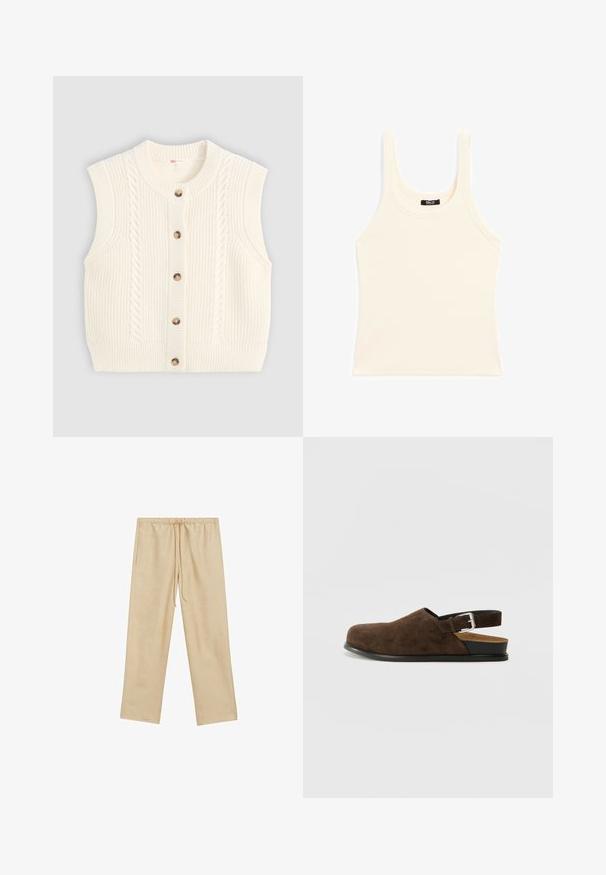 Crème mouwloze gebreide vest met een ronde kraag, voorzien van een kabelpatroon en vijf bruine houten knopen aan de voorkant.; Lichtbeige tanktop gemaakt van ribgebreide stof, met een ronde halslijn en dikke bandjes, in een aansluitende pasvorm en met minimale details.; Lichtbeige, loszittende broeken met een elastische tailleband en trekkoord. Bevat twee zijzakken en heeft een gladde textuur.; Bruin suède instapper met een lage hak, een verstelbare band met een zilveren gesp en een zwarte rubberen zool.