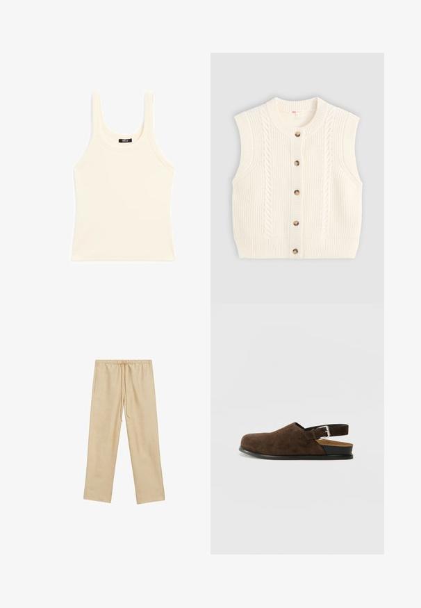 Krémová bezrukávová pletená vesta s kulatým límcem, vyznačující se vzorem s kabelovým pletením a pěti hnědými dřevěnými knoflíky vpředu.; Svetle béžový tílko vyrobené z ribbovaného materiálu, s kulatým výstřihem a širokými ramínky, s přiléhavým střihem a minimálním zdobením.; Světle béžové volné kalhoty s elastickým pasem a šňůrkou. Mají dvě boční kapsy a hladkou texturu.; Hnědá semišová slip-on obuv s nízkým podpatkem, nastavitelným páskem se stříbrnou sponou a černou gumovou podrážkou.