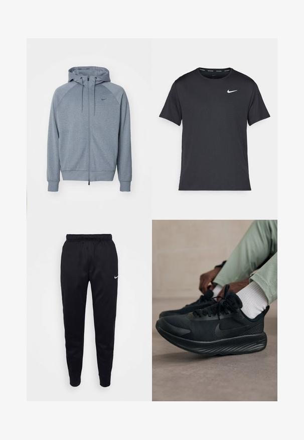 Huppari vaaleanharmaana, jossa on vetoketjullinen etuosa, naru-hoodie ja raglan-hihat. Rinnassa on pieni musta logo. Pehmeä kangastuntuma.; Musta Nike juoksupaita, joka on valmistettu kevyestä ja hengittävästä materiaalista. Paidassa on lyhyet hihnat ja pieni valkoinen logo rinnassa.; Mustat Nike-housut, joissa on joustava vyötärö, kapenevat lahkeet ja hienovarainen logoakseli. Valmistettu sileästä kankaasta yksinkertaisella muotoilulla.; Mustat Nike-juoksukengät, joissa on verkkomateriaali päällä, tekstiuroinen pohja ja vähäistä brändäystä. Suunnittelu on virtaviivainen ja urheilullinen.