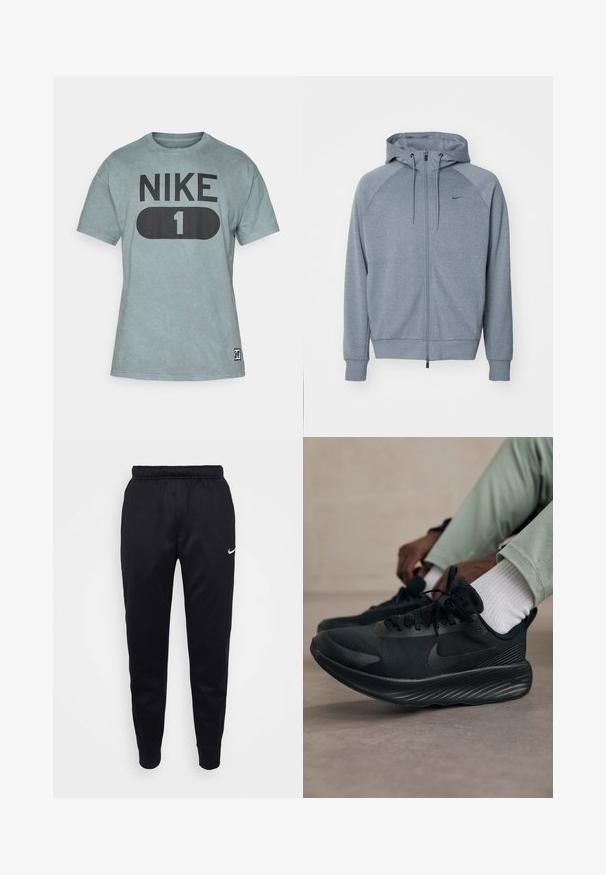 Sweatshirt cinza claro com fecho éclair à frente, capuz com cordão e mangas raglan. Apresenta um pequeno logótipo preto no peito. Textura de tecido suave.; T-shirt de algodão em teal discreto com uma impressão em preto "NIKE 1". Possui mangas curtas, decote redondo e uma pequena etiqueta de logótipo na bainha.; Calças de desporto Nike pretas com cintura elástica, pernas ajustadas e um discreto detalhe do logótipo. Feitas de um tecido suave com um design simples.; Os sapatilhas de corrida Nike pretas apresentam um cabedal em malha, sola texturizada e uma marcação mínima. O design é elegante e com uma aparência atlética.