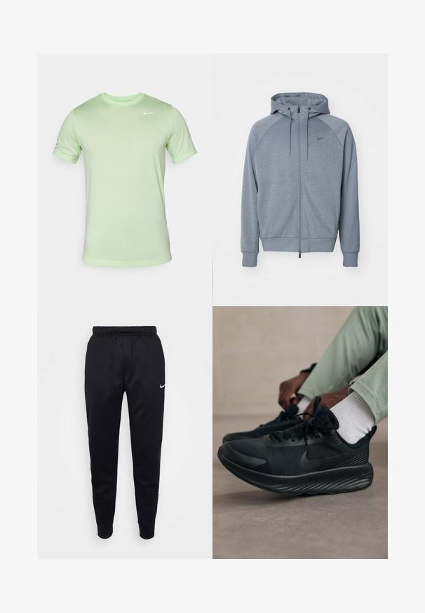 Sudadera de color gris claro con cremallera frontal, capucha con cordón y mangas raglán. Presenta un pequeño logo negro en el pecho. Textura de tela suave.; Nike Performance TEE RESET - Camiseta deportiva - vapor green/white; Joggers Nike negros con cintura elástica, piernas ajustadas y un sutil acento de logo. Fabricados con una tela suave y un diseño simple.; Las zapatillas de correr negras de Nike cuentan con una parte superior de malla, suela texturizada y un branding mínimo. El diseño es aerodinámico y tiene un aspecto atlético.