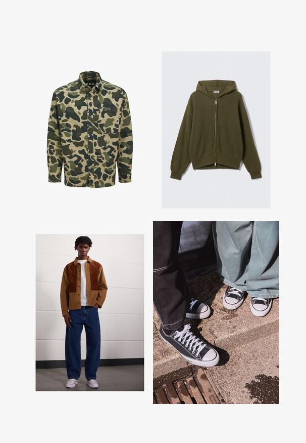 Olijfgroene, geribbelde gebreide hoodie met een ritssluiting aan de voorkant, losse pasvorm, verlaagde schouders en elastische manchetten. Heeft een gevoerde capuchon en een cropped zoom.; Camouflage shirt met een beige basis en groene en donkergroene abstracte vormen, lange mouwen, knoopsluiting aan de voorkant en een borstzak.; Langschedige crewneck sweatshirt in donkergrijs, gemaakt van een zachte katoenmix. Voorzien van ribgebreide manchetten en halslijn met een gladde, licht gestructureerde afwerking.; Man die binnen staat en een bruine corduroyjas met roestvlekken, een wit T-shirt, losse blauwe spijkerbroeken en witte sneakers draagt.; Zwarte canvas lage sneakers met witte rubberen neusdeksels en veters, gecombineerd met brede groene denim broeken, op een gestructureerd stenen oppervlak.