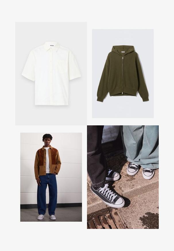 Olivově zelená, ribově pletená mikina s kapucí na zip, volného střihu, s pokleslými rameny a elastickými manžetami. Má podšitou kapuci a zkrácený lem.; Košile s krátkými rukávy, zapínací, v off-white bavlně. Vybavena límcem a kapsou na levé straně hrudi s jednoduchým designem a jemnou strukturou.; Tmavě šedá mikina s dlouhým rukávem a kulatým výstřihem, vyrobená z měkké bavlněné směsi. Obsahuje žebrované manžety a výstřih s hladkým, mírně strukturovaným povrchem.; Muž stojící uvnitř, oblečený v hnědé kordové bundě se rezavými skvrnami, bílém tričku, volných modrých džínách a bílých teniskách.; Černé plátěné tenisky s nízkým střihem a bílými gumovými špičkami a tkaničkami, v kombinaci s širokými zelenými džínovými kalhotami, ležící na texturovaném kamenném povrchu.