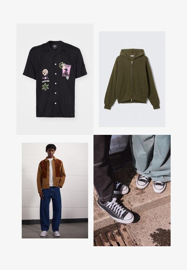 Alyvuogių žalia, raukšlėta megzta kapučino su užtrauktuku priekyje, laisvu siluetu, žemais pečiais ir elastinėmis rankovėmis. Yra pamušalu kapučinas ir trumpas apatinis kraštas.; Trumpets rankos juodos spalvos marškiniai su įvairiomis spalvotomis grafikos spaudomis, įskaitant rožinį antspaudą ir žalius akcentus, su mygtukų priekyje.; Vyras, stovintis patalpose, apsirengęs rudų veliūrinių švarku su rust spalvos dėmėmis, balta marškinėliais, laisvomis mėlynomis džinsomis ir baltais sportbačiais.; Juodi kanvošo žemakulniai sportbačiai su baltais guminiais pirštų dangteliais ir raišteliais, derinami su platėjančiais žaliais džinsais, ant tekstūruoto akmens paviršiaus.