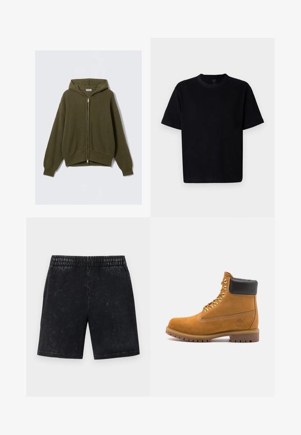 Hoodie en maille côtelée vert olive, avec fermeture éclair devant, coupe décontractée, épaules tombantes et poignets élastiques. Équipé d'une capuche doublée et d'un ourlet court.; T-shirt en coton noir avec un col rond, des manches courtes et une coupe droite. Présente des coutures minimales et une texture douce et lisse.; Shorts noirs avec une texture délavée, taille élastique et coupe droite. Pas de poches ni d'ornements visibles.; Bottine en daim beige avec un col rembourré noir, œillets en métal doré, détails de surpiqûres blanches et semelle en caoutchouc robuste avec des crampons prononcés.