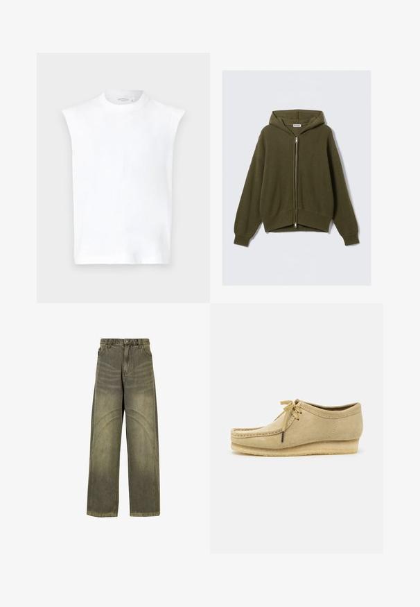 Oliivroheline, ribakudumistega kapuutsiga sviiter, millel on lukuga esiosa, lahti lõige, langenud õlad ja elastsed mansetid. Omab vooderdatud kapuutsi ja lühendatud hemmi.; Valge ilma varrukateta pluus kõrge kaelusega, sileda puuvillase materjaliga, pikendatud kujuga ja puhtas, minimalistikus disainis.; Laiene säärega oliivrohelised teksad, millel on kaarjad õmbluste aktsentid, klassikaline nööpkinnitus ja pleekinud viimistlus.; Bež nubukist kingad, millel on paelad, õmblustega detailid ja kummist tald. Kujundus on lihtne, kergelt kallakuga kannaga.