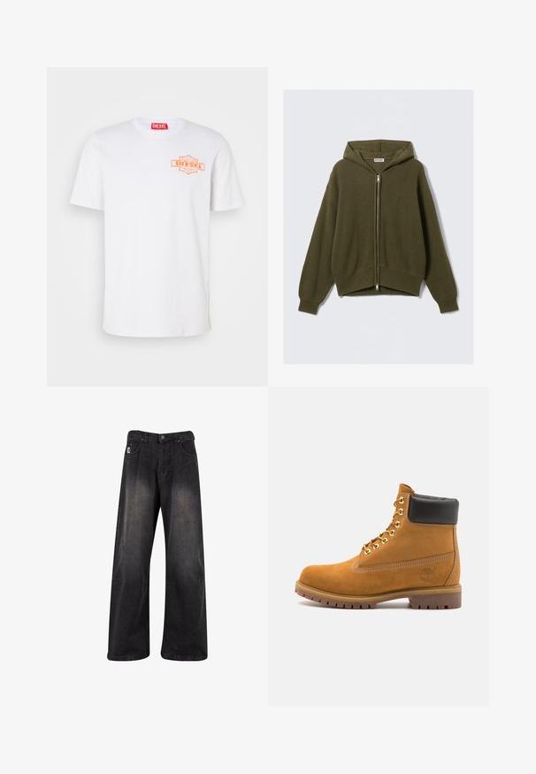 Olīvu zaļš, ribota adījuma pelēkais džemperis ar rāvējslēdzēju priekšpusē, brīva piegriezuma, pazeminātiem pleciem un elastīgiem piedurknēm. Iespējo ieguldīta kapuce un saīsināta apakša.; Balts kokvilnas T-krekls ar apaļu kaklu, īsām piedurknēm un oranžu Diesel logo uzšuvumu kreisajā krūtī. Gluda tekstūra.; Melni platmalu džinsi ar nodilušu apdari, aprīkoti ar pogu aizdari, piecām kabatām un zīmola uzskaites plāksni kreisajā priekšpusē.; Brūna zamša potīte ar melnu izšuvumu ap kaklu, zelta metāla acu caurumi, balta šuvju apdare un izturīgs gumijas zole ar izteiktu zīmējumu.