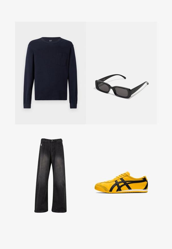 Olivgrüner, gerippter Strickhoodie mit durchgehendem Reißverschluss, lockerer Passform, überschnittenen Schultern und elastischen Bündchen. Verfügt über eine gefütterte Kapuze und einen verkürzten Saum.; Marineblaue Langarm-T-Shirt aus Baumwolle, mit rundem Ausschnitt und einer kleinen Brusttasche auf der linken Seite. Glatte Textur.; Schwarze, weit geschnittene Jeans mit verblasstem Finish, mit Knopfverschluss, fünf Taschen und einem markierten Patch auf der vorderen linken Seite.; Gelbe Sportschuh mit schwarzen Akzenten, glatte Ledertextur, geschwungenes Design, runde Zehenpartie, flache weiße Sohle und auffällige Markenlogos an der Seite.; Schwarze rechteckige Sonnenbrille mit dunklen Gläsern, glänzender Oberfläche, breiten Bügeln und einem klobigen Rahmen-Design. Gravierter Markenname auf einem Bügel.