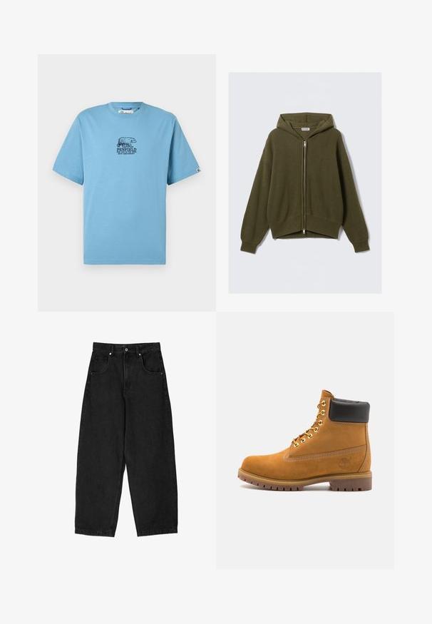 Olive green, ribbed knit hoodie with a zip front, loose fit, dropped shoulders, and elastic cuffs. Features a lined hood and a cropped hem.; Light blue short-sleeve crew neck T-shirt with dark blue bear graphic and "Penfield 69th Anniversary" text on front center.; Black denim wide-leg pants with a high waist, featuring five pockets, a zip fly, and a metal button closure. Smooth texture, minimal detailing.; Tan suede ankle boot with black padded collar, gold metal eyelets, white stitching detailing, and rugged rubber sole with pronounced treads.