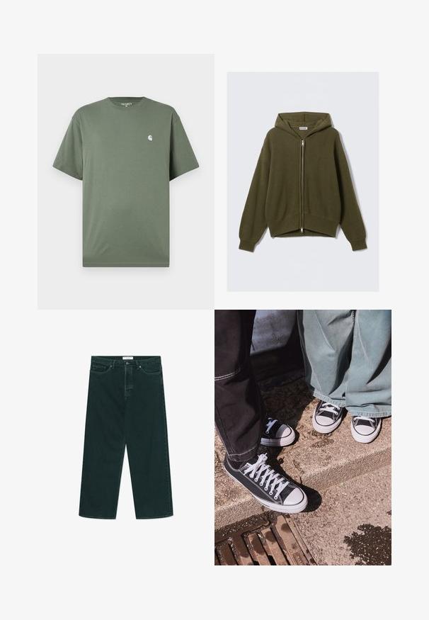 Olive green, ribbed knit hoodie with a zip front, loose fit, dropped shoulders, and elastic cuffs. Features a lined hood and a cropped hem.; Green cotton t-shirt with a crew neckline, short sleeves, and a small white logo on the chest. Smooth texture and relaxed fit.; Dark green wide-leg denim jeans with button and zip closure, front pockets, and belt loops, laid flat on a white background.; Black canvas low-top sneakers with white rubber toe caps and laces, paired with wide green denim pants, on a textured stone surface.