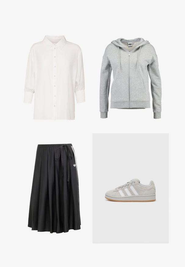 Felpa grigia con zip realizzata in morbido misto cotone. Presenta un cappuccio foderato, due tasche frontali e polsini e orlo a coste.; Camicia bianca con colletto classico, maniche corte a sbuffo e polsi arricciati. Realizzata in tessuto leggero con una trama liscia.; Gonna nera midi con cintura elastica, lacci laterali, strisce bianche e logo trefoil Adidas sul lato destro.; Sneaker grigie in suede con design a tre strisce bianche, punta rotonda e suola in gomma naturale. Presentano lacci in tessuto e un colletto imbottito per il comfort.