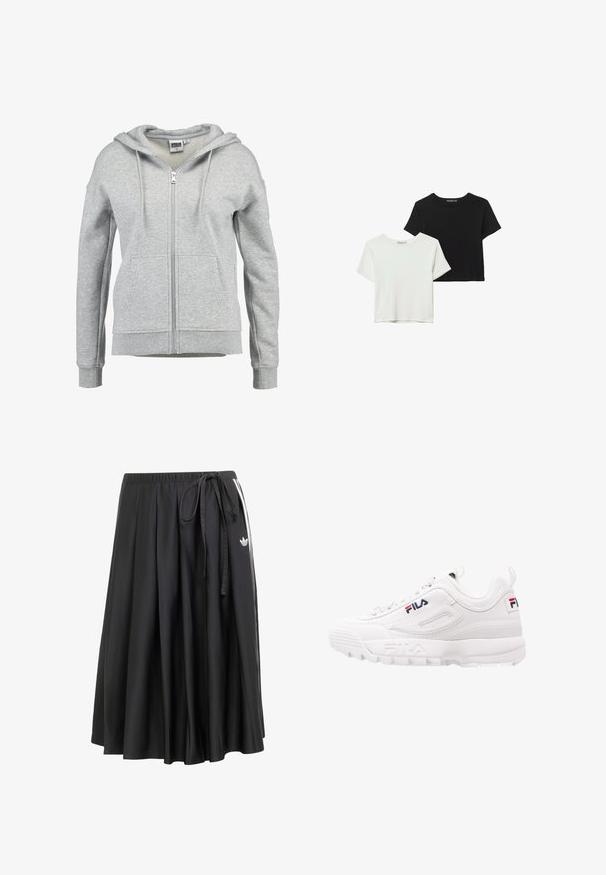 Siva zip-up dukserica napravljena od mekanog pamuka. Sadrži podstavljenu kapuljaču, dva prednja džepa i rebraste manžete i donji deo.; Dva kratka rukava majice, jedna crna i jedna bijela, napravljene od mekog pamuka. Obje imaju okrugli izrez i opuštenu siluetu.; Crna midi suknja s elastičnom waistbandom, bočnom vezicom, bijelim prugama i Adidas trefoil logom s desne strane.; Bijela atletska tenisica s jastučićem oko gležnja, gornji dio od mrežastog i sintetičkog kože, detalji logotipa u crvenoj i mornarskoj plavoj boji, te debelim gumenim potplatom.